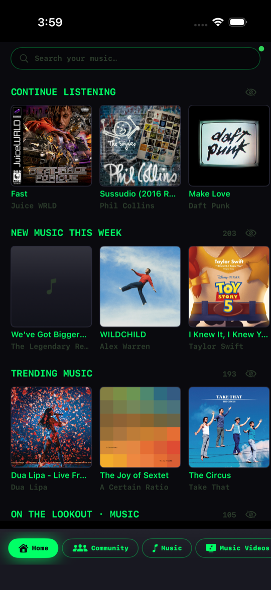 Homeplate home screen — continue listening, new music this week, trending