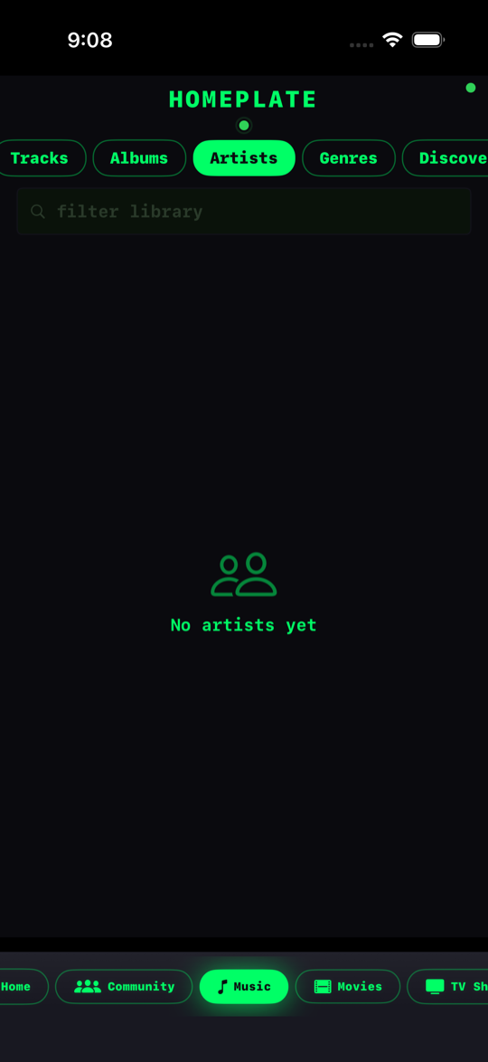 Homeplate music library — tracks, albums, artists, genres
